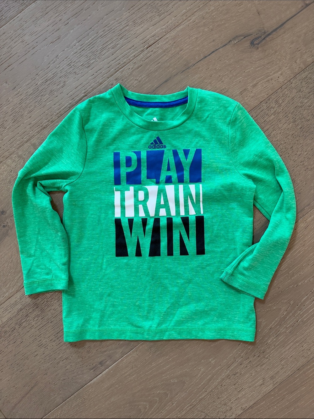 adidas Green Long-Sleeve 'PLAY TRAIN WIN' Tee